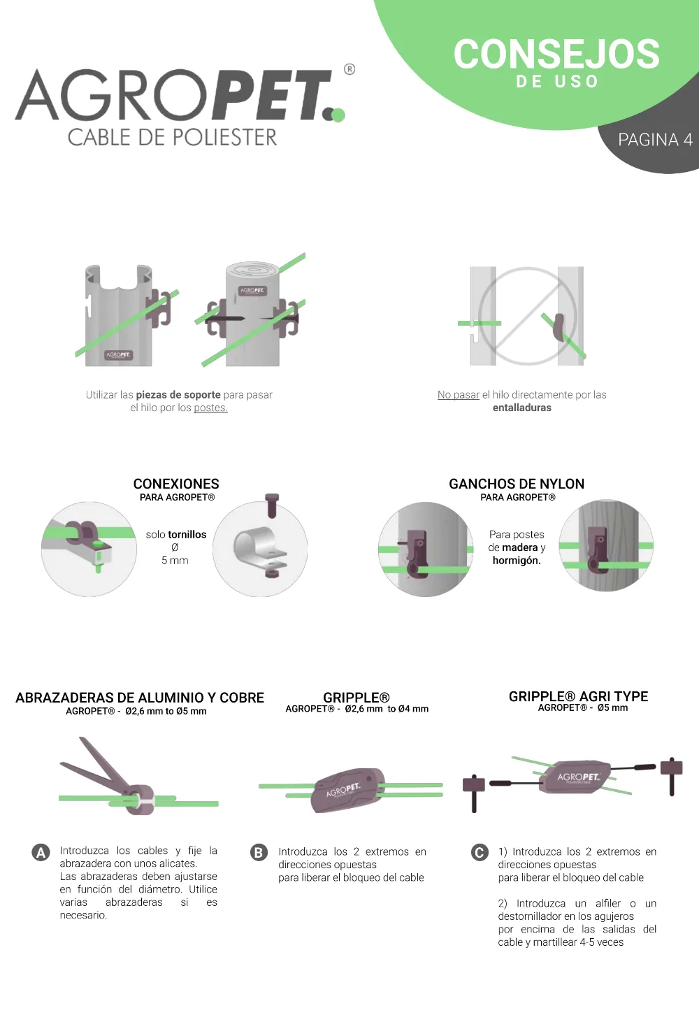 Manual AGROPET: conexiones con gripple, abrazaderas y ganchos de nailon