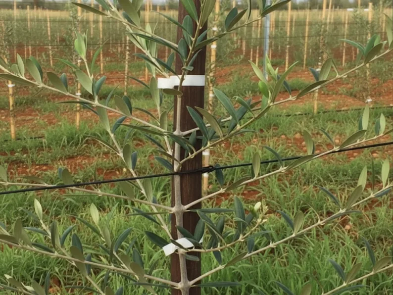 Olivo joven entutorado a una caña y guiado con cable de poliéster AGROPET en olivar intensivo