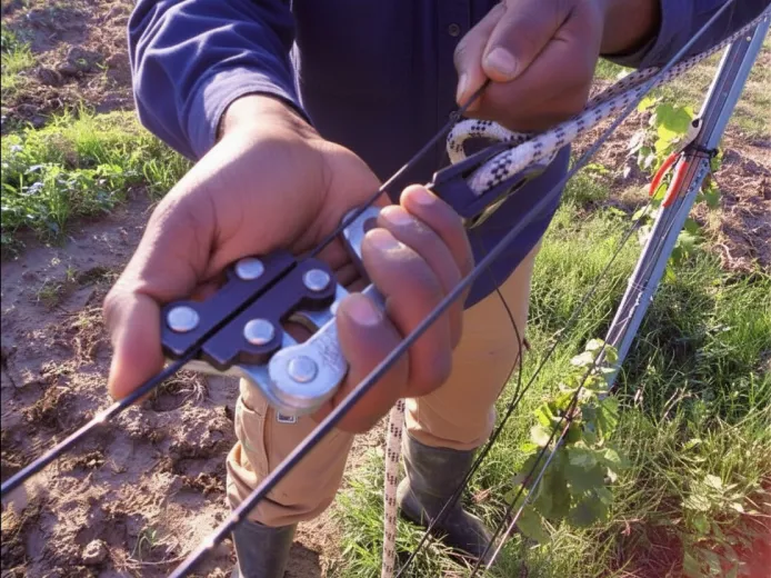 Tensado de cable AGROPET con polea en una estructura agrícola
